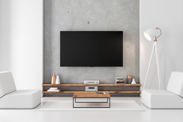 Smart Tv mockup hanging on the concrete wall in modern luxury interior, 3d rendering